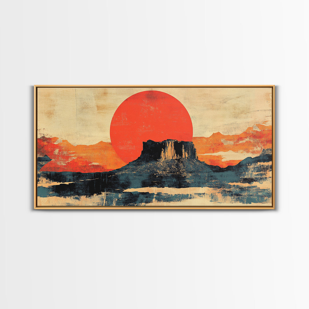 Desert Mesa Red Sun Wall Art, Southwestern Landscape Canvas Print, Modern Western Decor, Large Horizontal Living Room Art