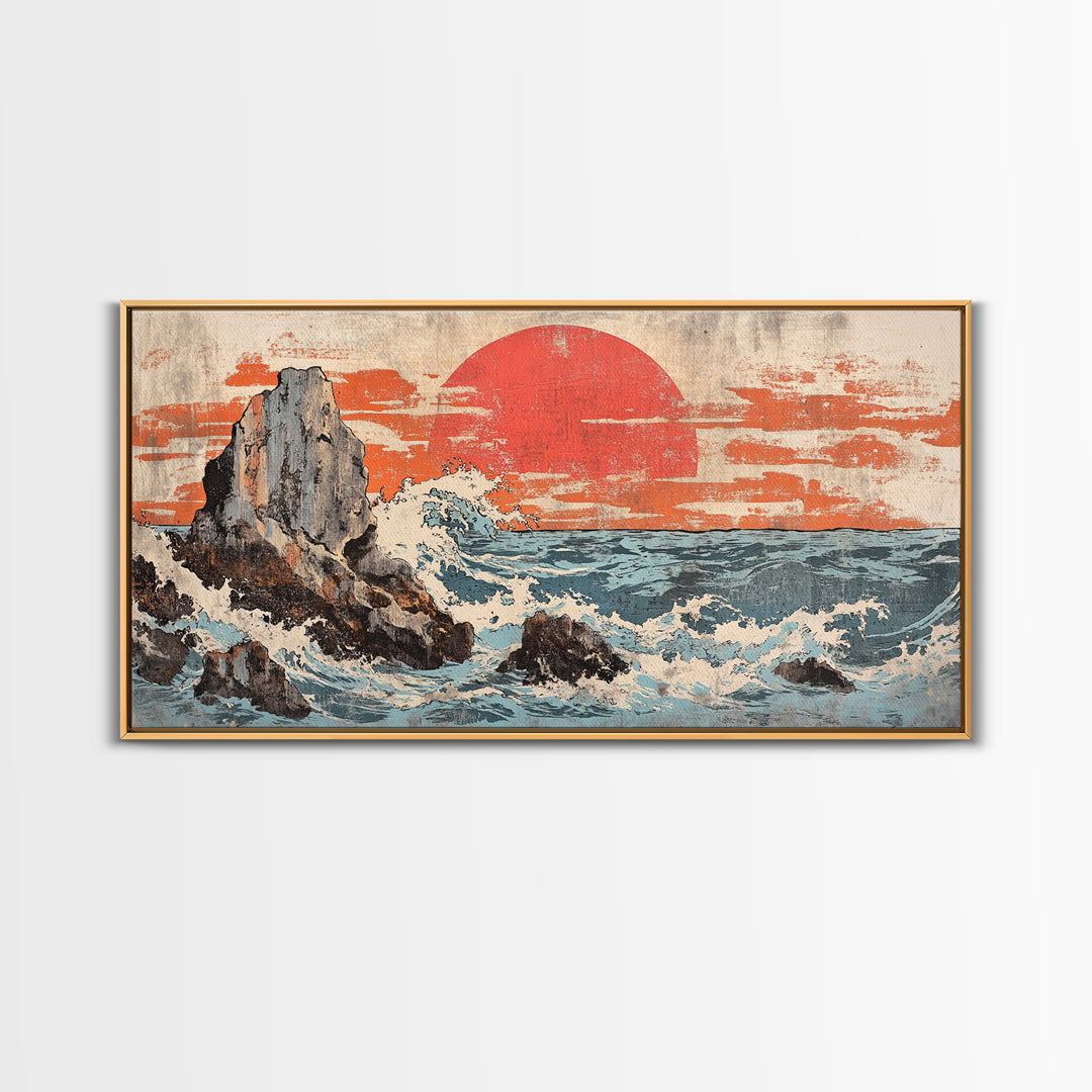 Rocky Ocean Cliffs With Red Sun And Crashing Waves Canvas Print, Japanese Coastal Wall Decor, Large Seascape Art, Living Room Wall Art