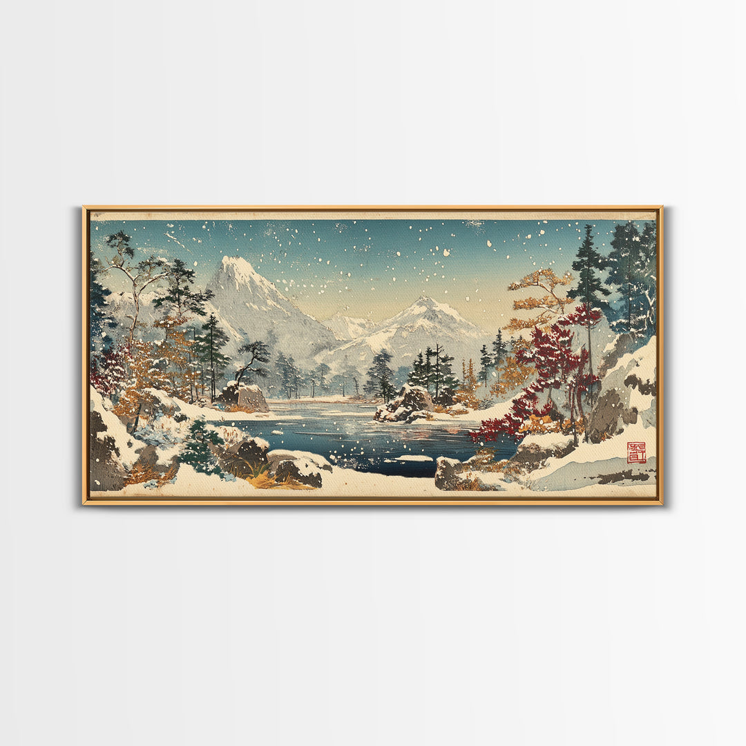 Snowy Mountain Lake With Pines And Falling Snow Wall Art, Winter Landscape Print, Japanese Nature Decor For Cabin Home Decor