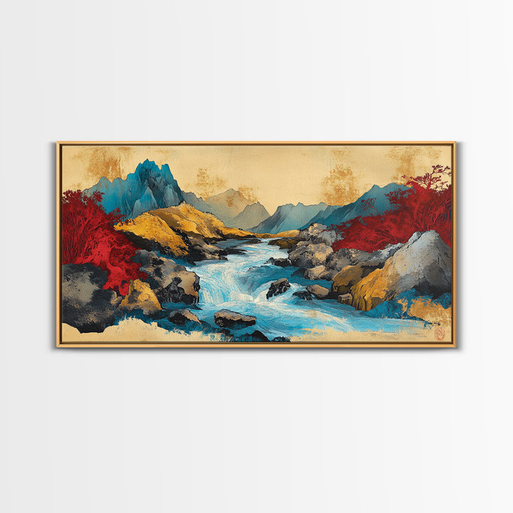 Turquoise Mountain River And Red Autumn Trees Wall Art, Panoramic Landscape Canvas, Modern Nature Decor, Living Room Print