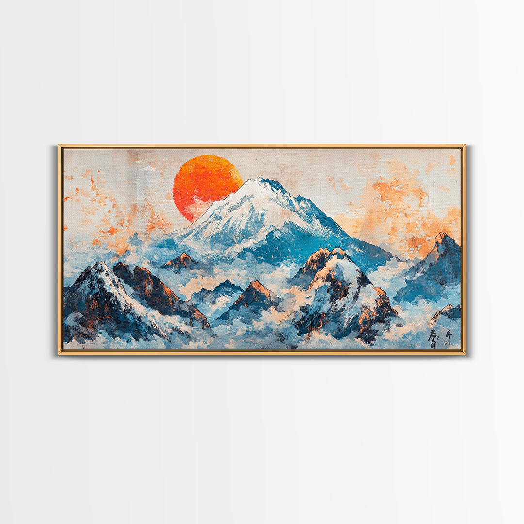Snowy Blue Mountains And Rising Orange Sun Framed Canvas Print, Japanese Landscape Wall Art, Large Modern Living Room Decor