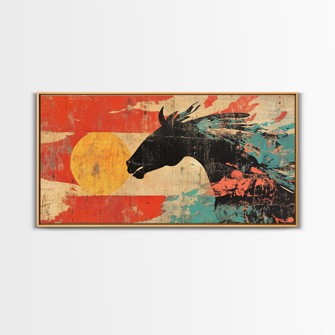 Black Wild Horse Silhouette With Red Sun Wall Art, Western Abstract Canvas Print, Rustic Cowboy Decor For Living Room Gift
