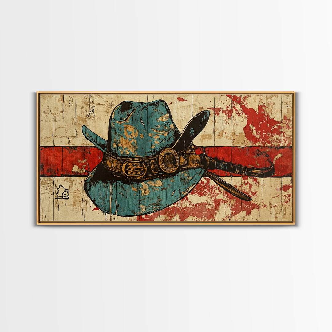 Turquoise Cowboy Hat And Lasso On Rustic Wood Wall Art, Western Canvas Print, Ranch Living Room Decor, Gift For Horse Lover