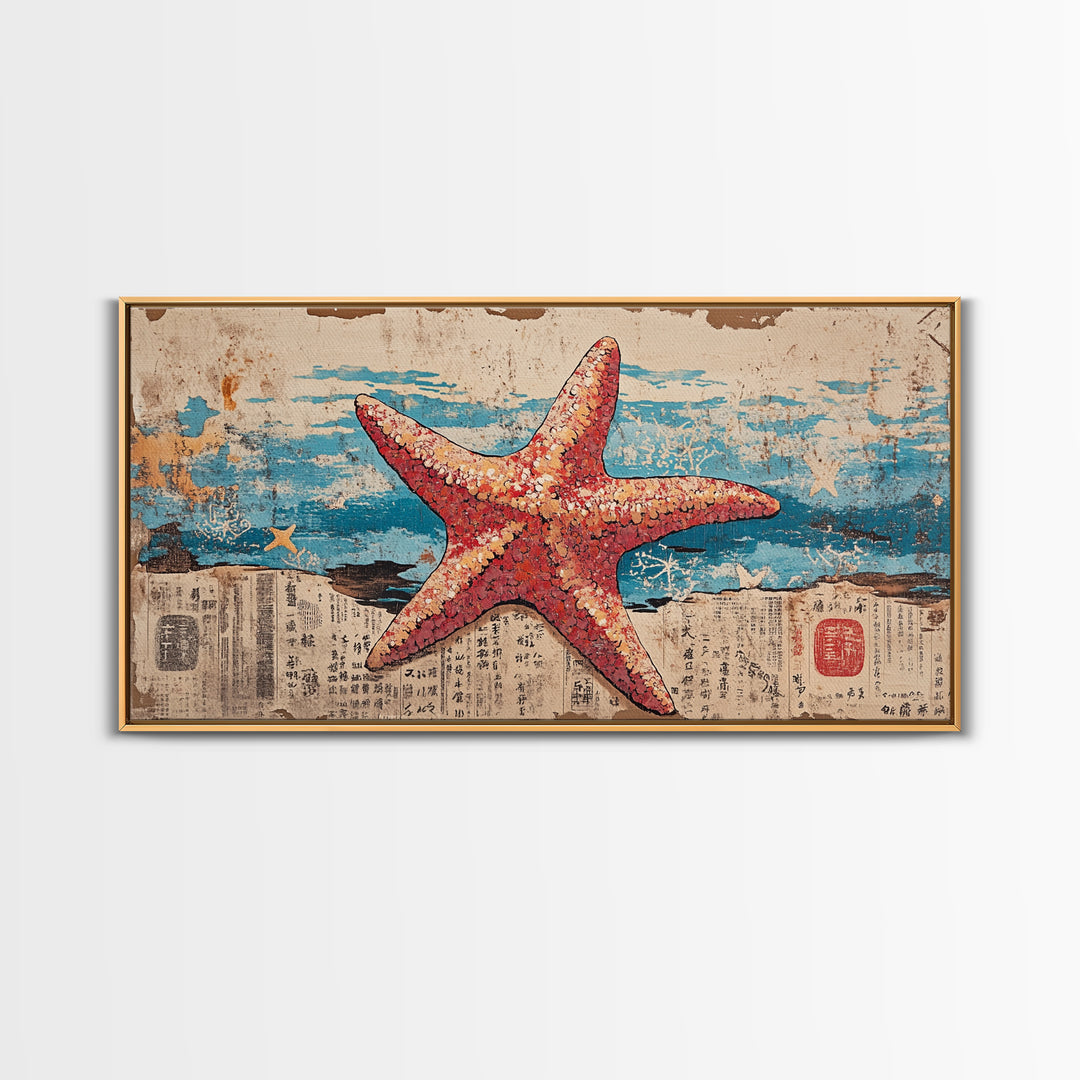Pink Starfish On Weathered Ocean Pages Wall Art, Coastal Canvas Print, Beach House Living Room Decor, Nautical Bathroom Art