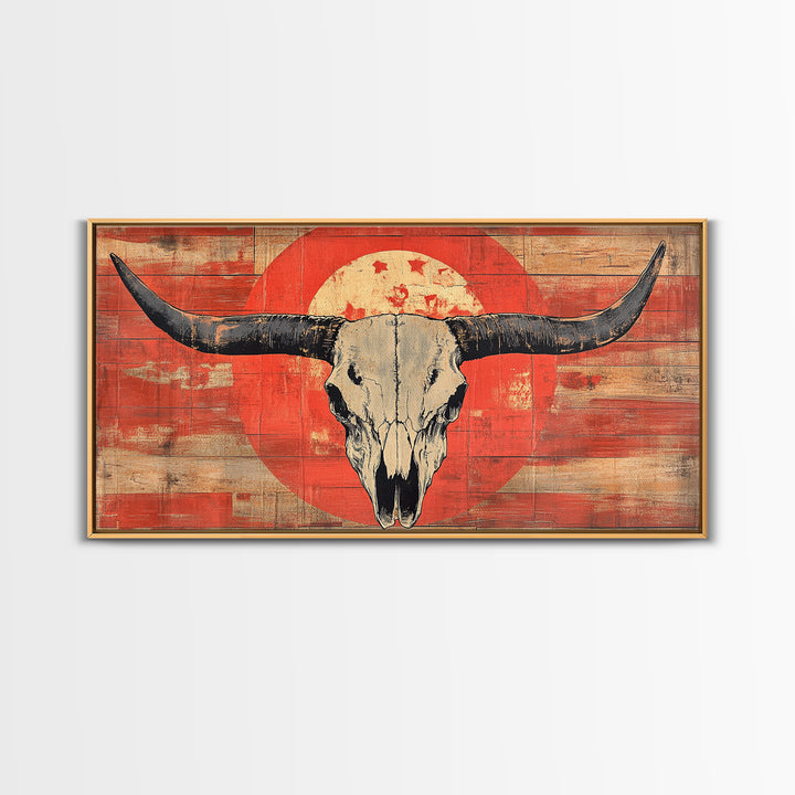 Longhorn Skull On Distressed Red Wood Wall Art, Western Framed Canvas Print, Rustic Cowboy Ranch Home Decor For Living Room