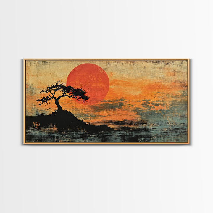 Solitary Tree Sunset Wall Art, Japanese Landscape Print, Moody Orange Coastal Decor, Panoramic Canvas Print For Living Room