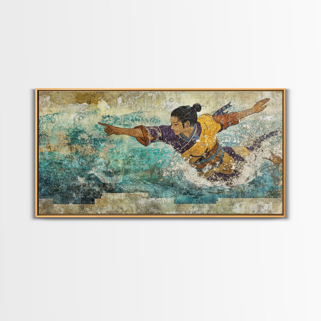Japanese Warrior Swimming In Turquoise Waves Canvas Print, Asian Inspired Wall Decor, Martial Arts Gift, Coastal Home Decor