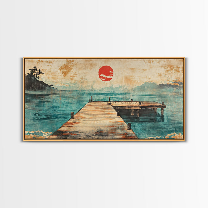 Quiet Dock On Misty Lake Wall Art, Japanese Red Sun Landscape Print, Coastal Cabin Decor, Serene Living Room Art, Housewarming Gift