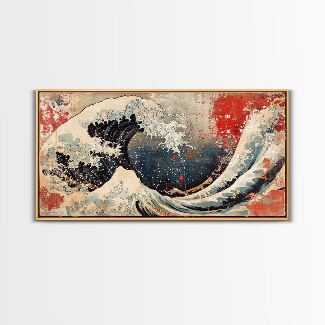 Great Wave With Red Sun Canvas Print, Japanese Ocean Wall Art, Hokusai Inspired Seascape, Coastal Living Room Decor Gift
