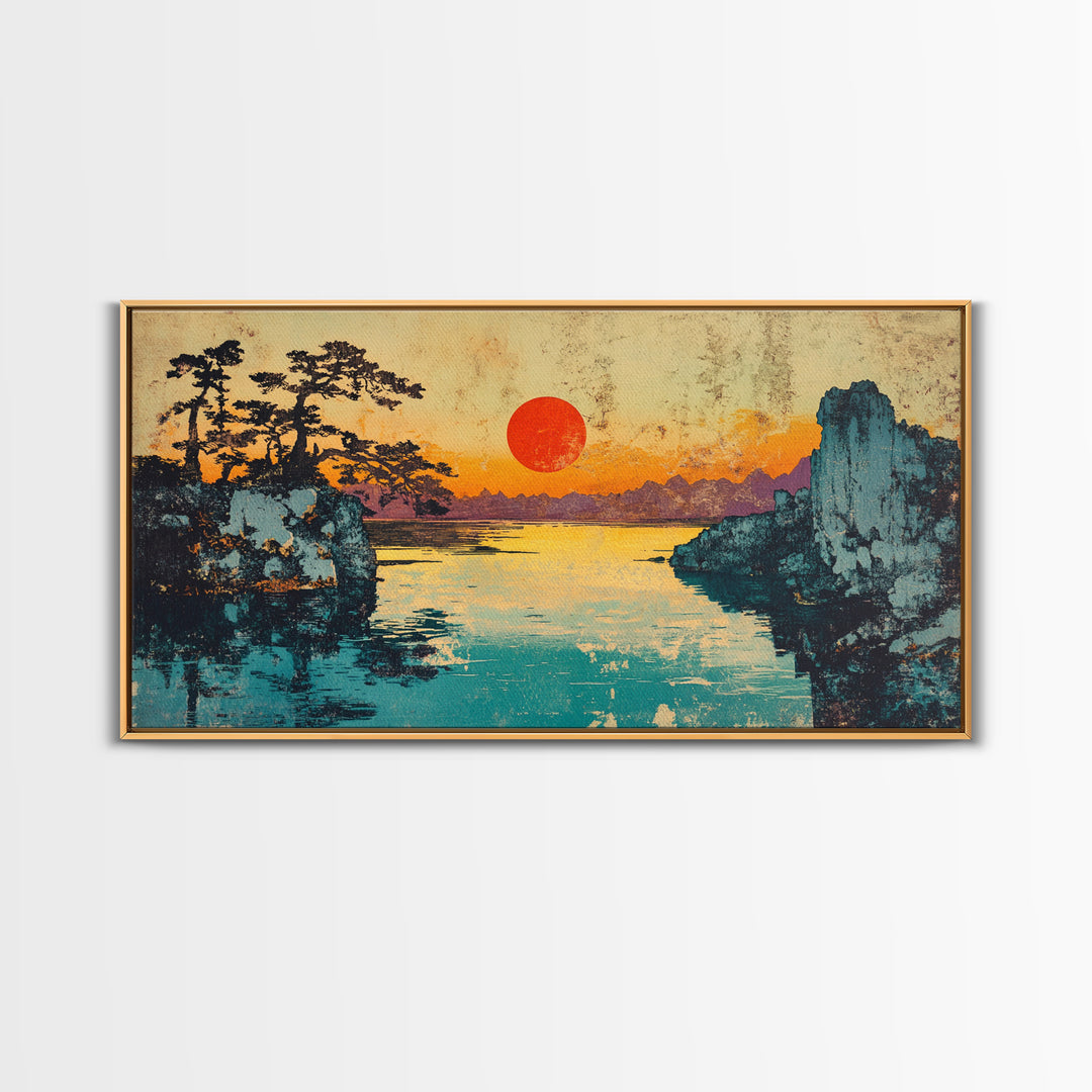 Red Sun Lake Between Pine Cliffs Wall Art, Japanese Landscape Canvas Print, Serene Nature Decor, Coastal Living Room Gift