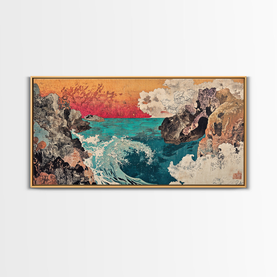 Rocky Cove With Turquoise Surf Wall Art, Japanese Coastal Seascape Print, Ocean Landscape Decor, Large Canvas Print Gift