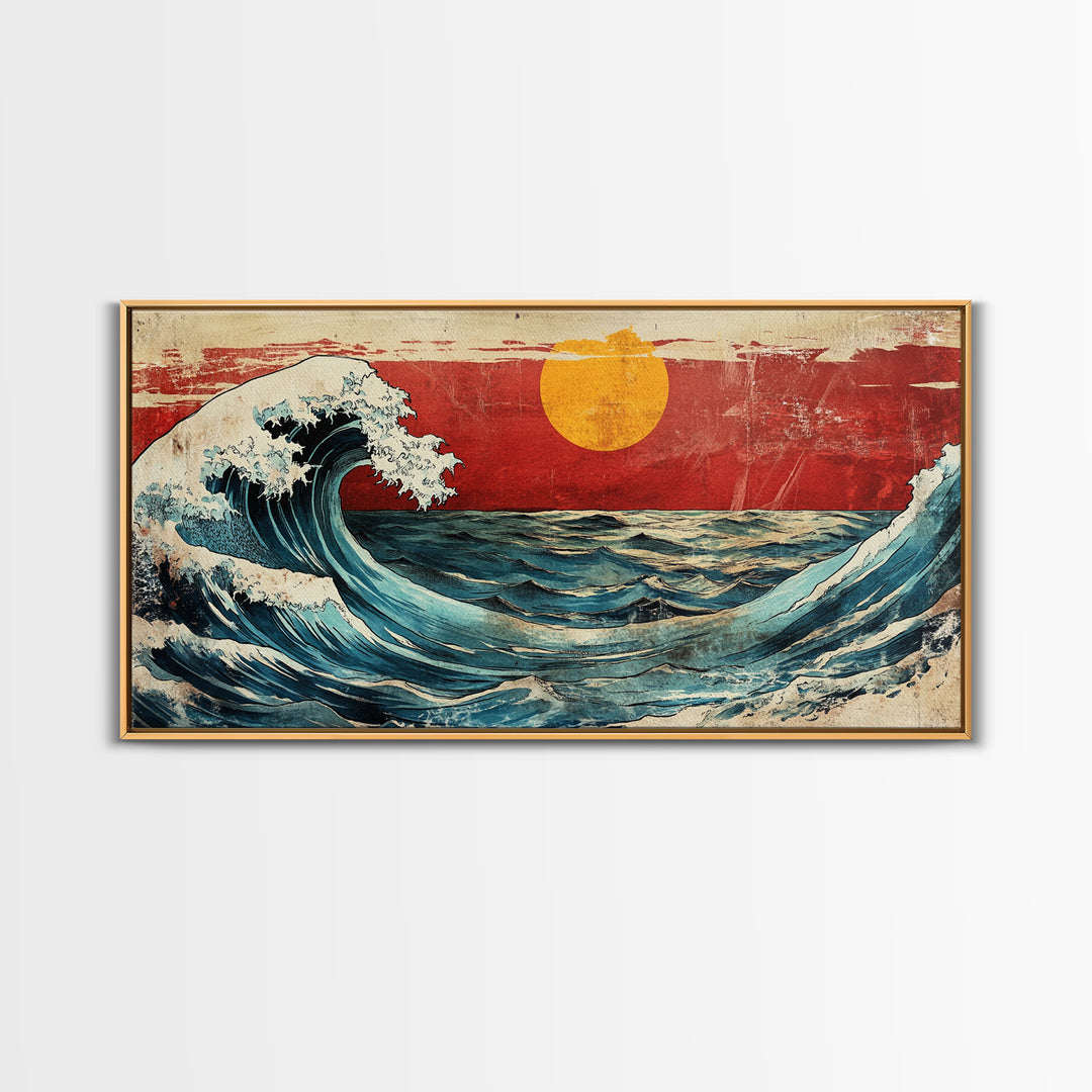 Rolling Ocean Wave Under Yellow Sun Canvas Print, Japanese Seascape Wall Art, Coastal Living Room Decor, Beach House Gift