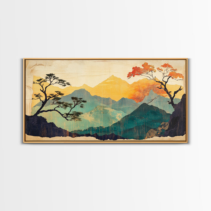 Golden Mountain Sunrise With Autumn Trees Wall Art, Japandi Landscape Canvas Print, Nature Decor For Calm Living Room And Bedroom Decor