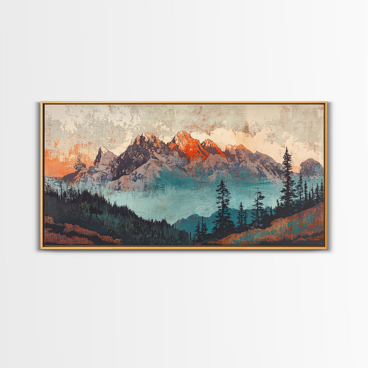 Snowy Mountain Peaks And Pine Forest Wall Art, Rustic Landscape Framed Canvas Print, Large Nature Decor For Living Room Art