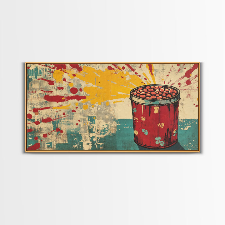Retro Red Tin Of Beans With Yellow Paint Splashes Wall Art, Pop Art Canvas Print, Fun Kitchen Decor For Dining Room Poster
