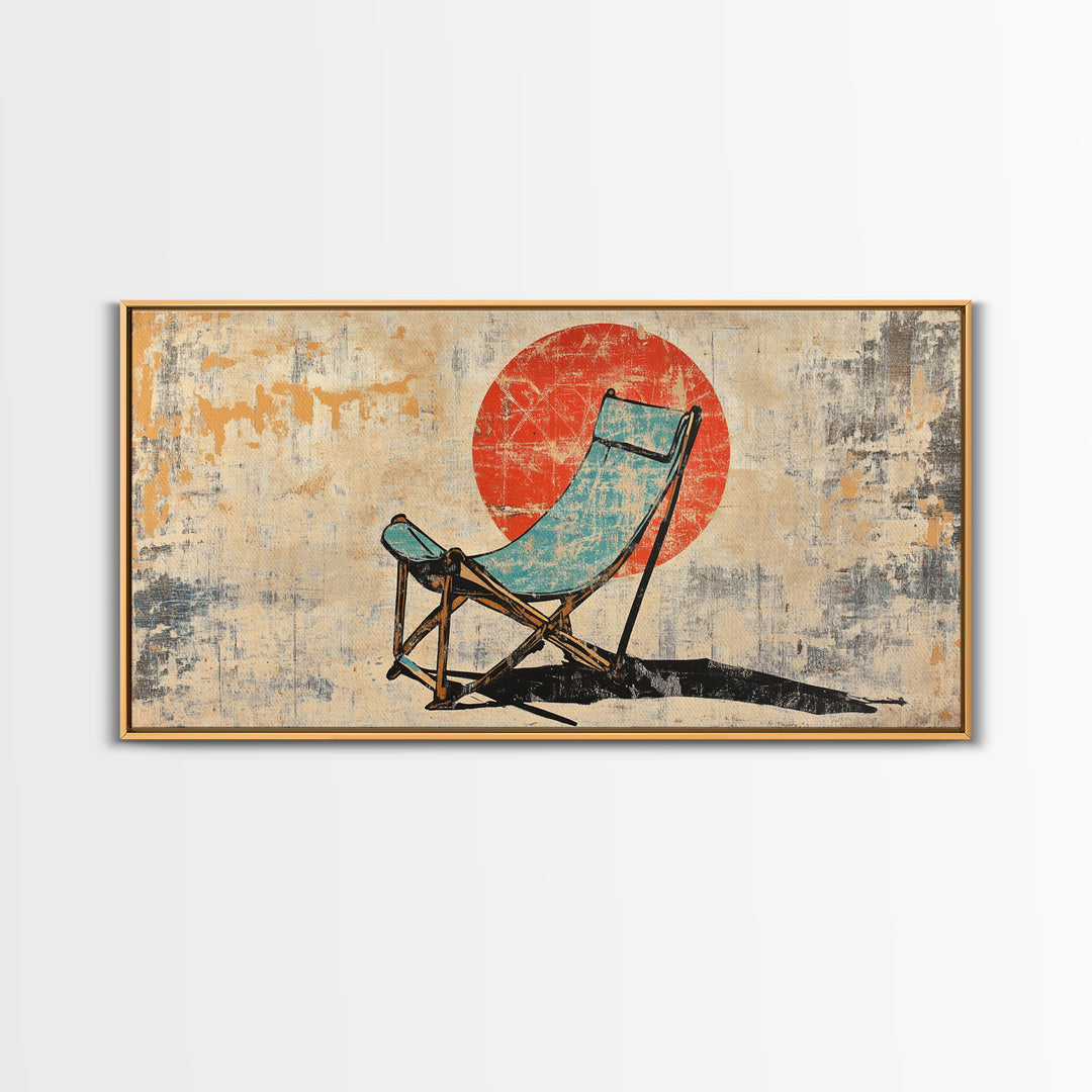 Turquoise Beach Chair In Front Of Red Sun Wall Art, Retro Coastal Canvas Print, Summer Beach House Decor For Patio And Living Room