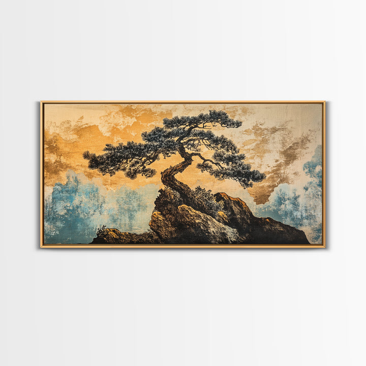 Twisted Bonsai On Golden Cliff Wall Art, Japanese Zen Landscape Print, Asian Inspired Decor, Teal Gold Living Room Art Print