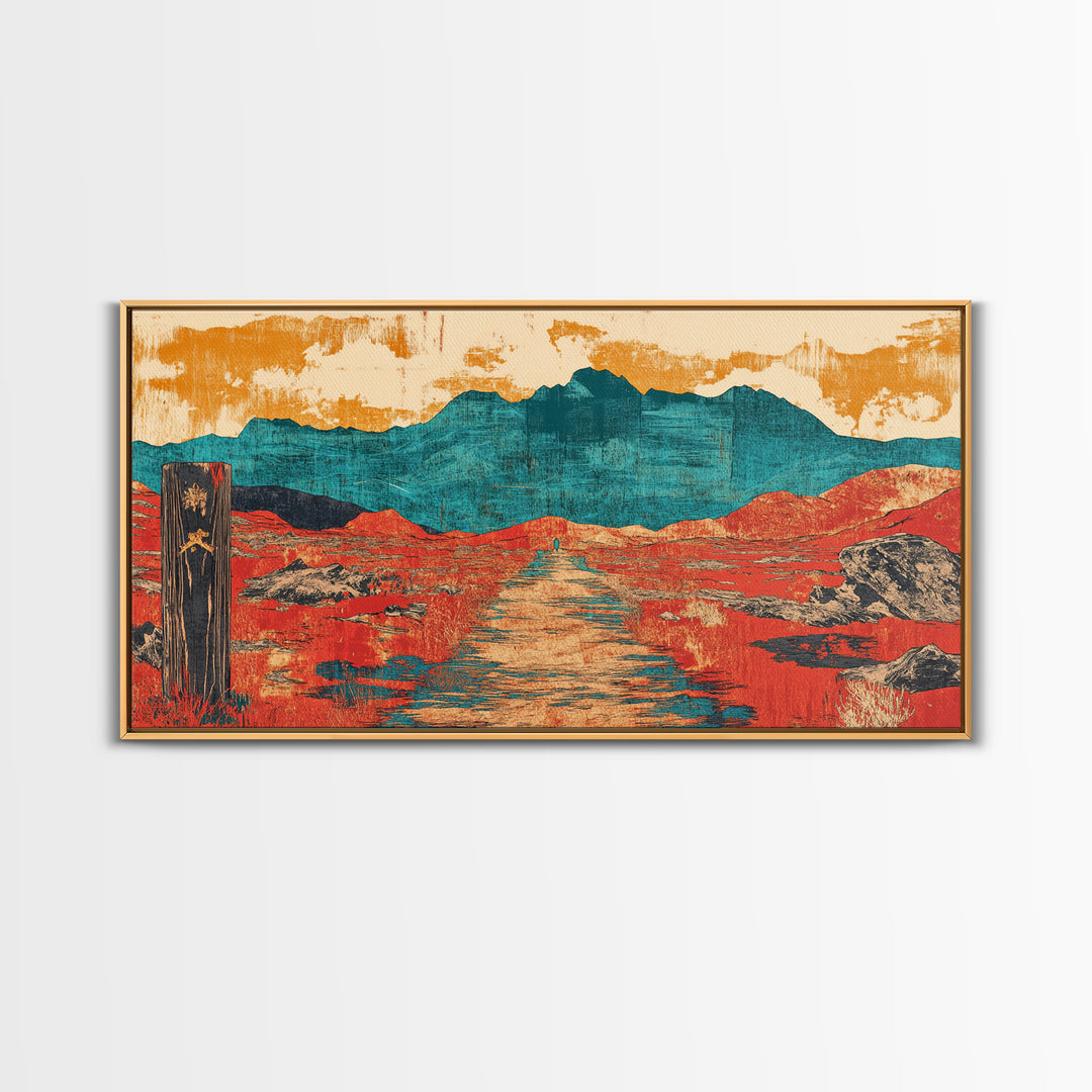 Red Desert Road To Turquoise Mountains Canvas Print, Southwestern Landscape Art, Boho Western Decor, Large Living Room Wall Art