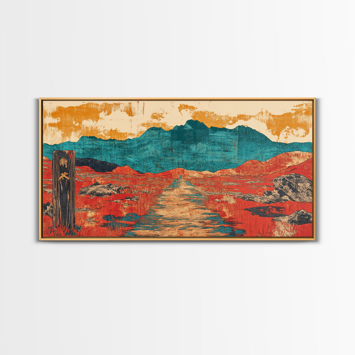 Red Desert Road To Turquoise Mountains Canvas Print, Southwestern Landscape Art, Boho Western Decor, Large Living Room Wall Art