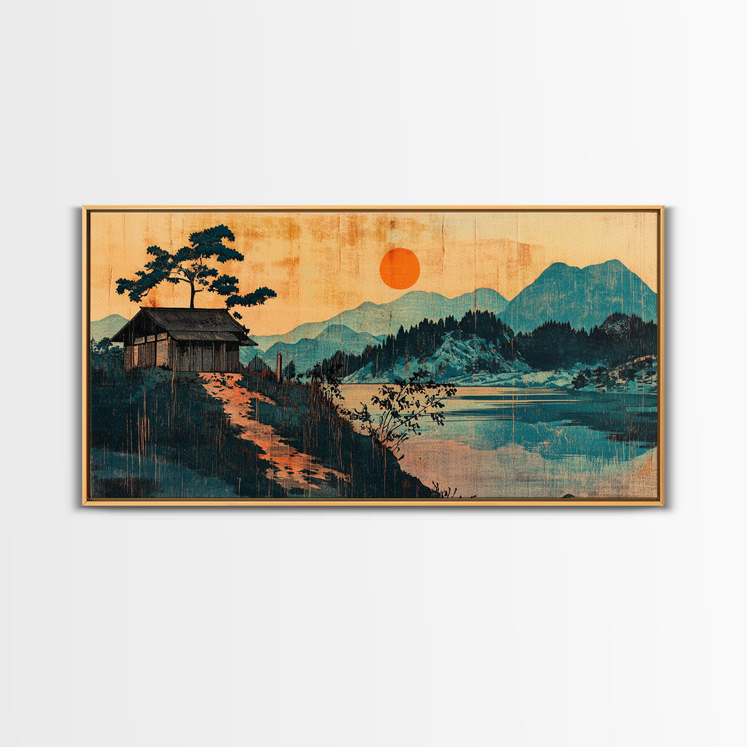 Lakeside Cabin With Red Sun Wall Art, Japanese Mountain Landscape Print, Japandi Decor, Serene Living Room Canvas Art Print