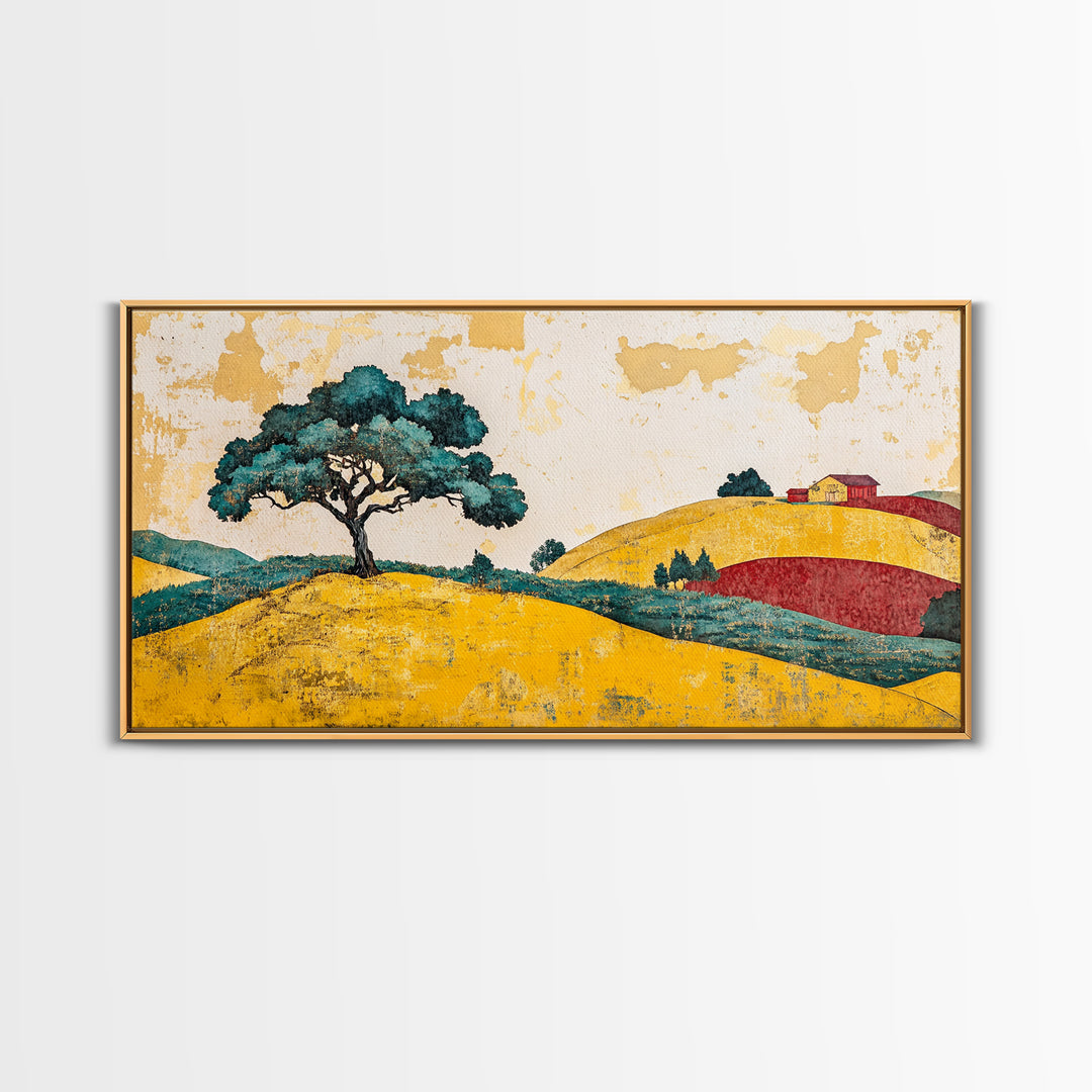 Lone Tree On Golden Rolling Hills Canvas Print, Rustic Country Landscape Art, Farmhouse Wall Decor, Warm Home Decor Wall Art