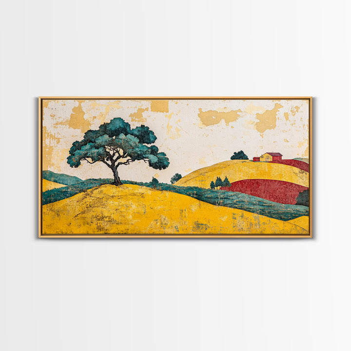 Lone Tree On Golden Rolling Hills Canvas Print, Rustic Country Landscape Art, Farmhouse Wall Decor, Warm Home Decor Wall Art