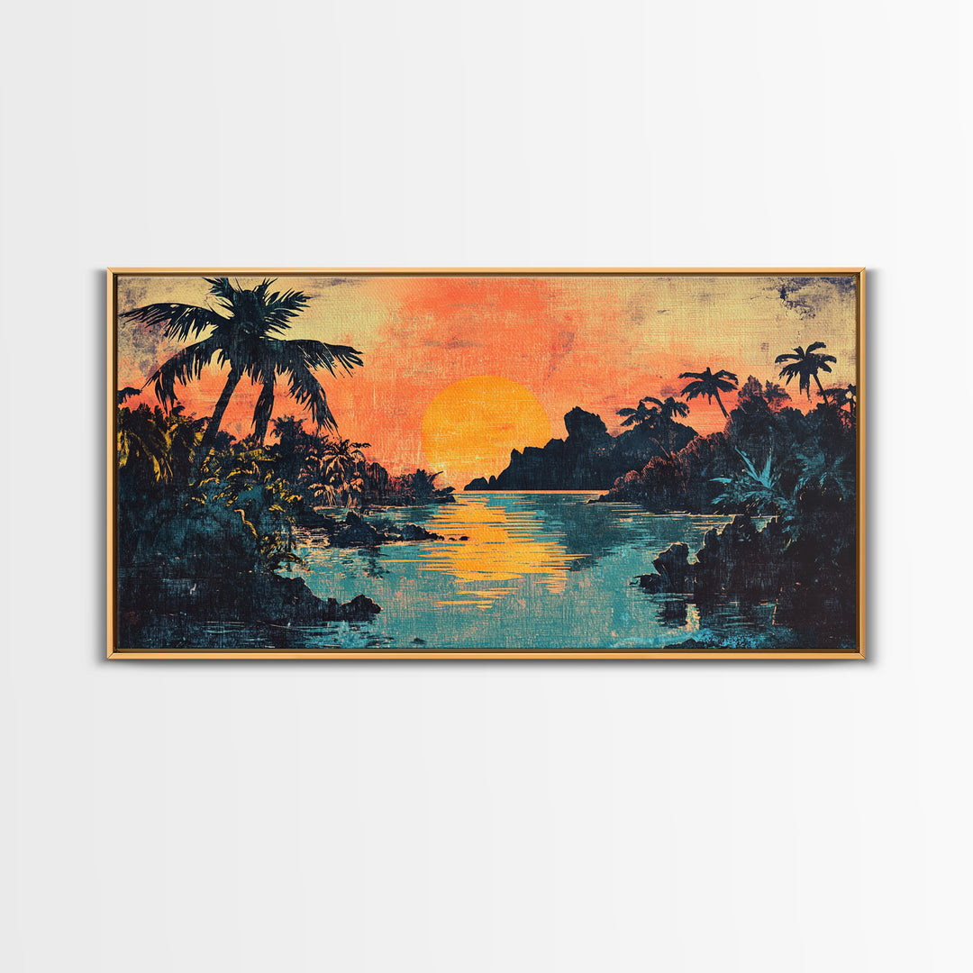 Tropical Lagoon Sunset With Palm Trees Canvas Print, Coastal Wall Art, Island Decor, Vibrant Beach House Living Room Art
