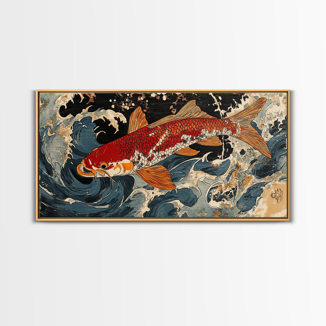 Red Koi Fish Swimming Through Stormy Waves Wall Art, Japanese Coastal Canvas Print, Nautical Living Room Decor Gift For Him