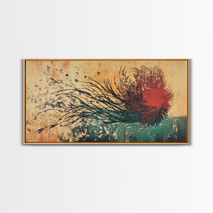 Red Windblown Botanical Flower Wall Art, Textured Japanese Canvas Print, Abstract Floral Living Room Decor, Home Decor Gift For Her