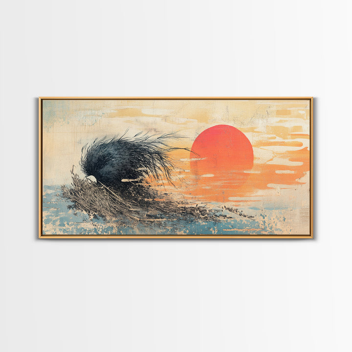 Black Abstract Wave And Red Sun Wall Art, Japanese Ocean Canvas Print, Minimalist Coastal Living Room Decor Gift For Him