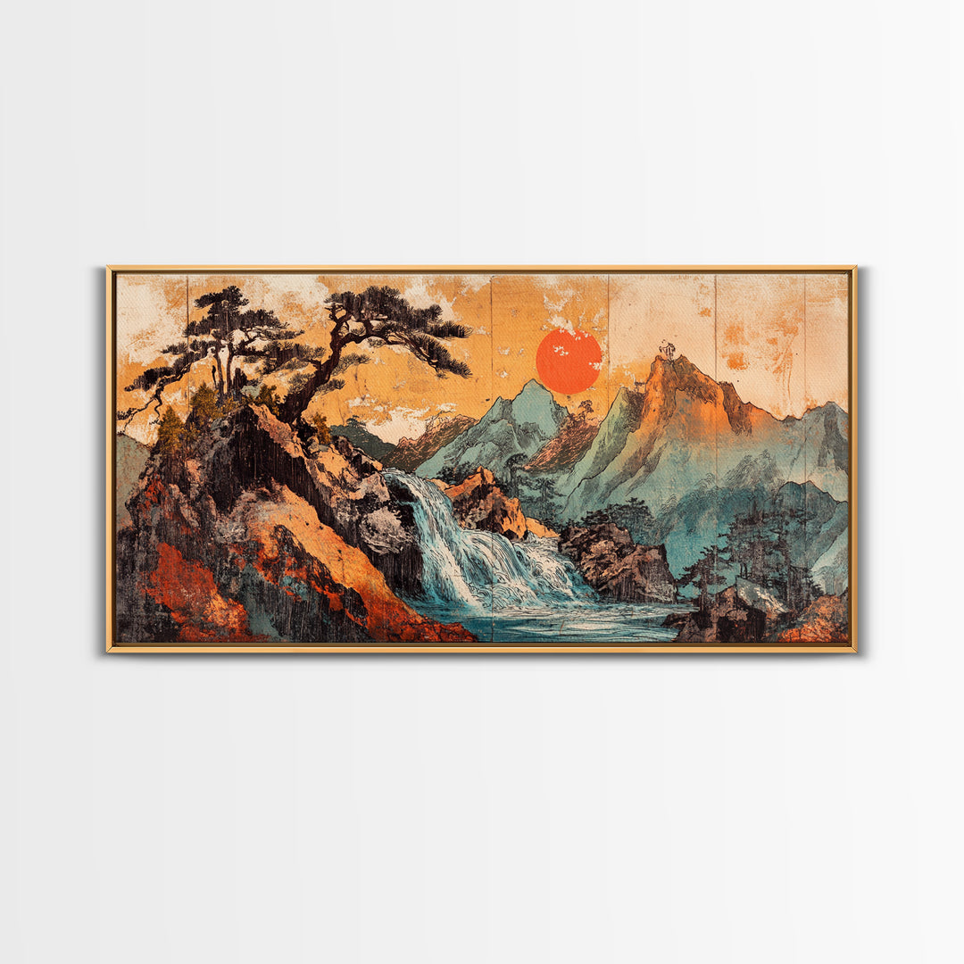 Mountain Waterfall With Red Sun Wall Art, Japanese Landscape Canvas Print, Rustic Nature Living Room Decor Housewarming Gift