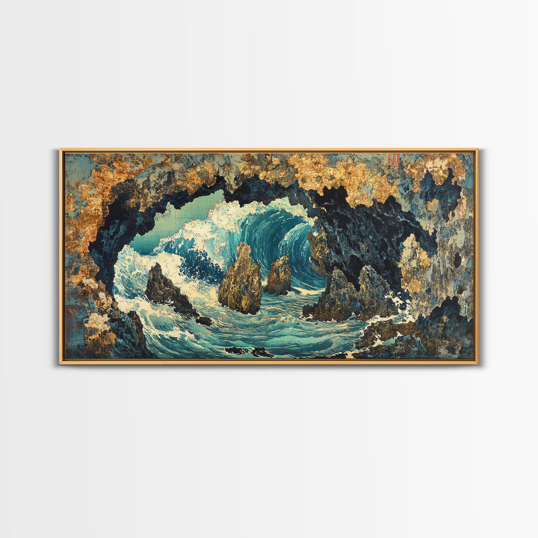 Crashing Ocean Wave Inside Rocky Cave Wall Art, Japanese Seascape Canvas Print, Coastal Nautical Living Room Decor Gift For Her