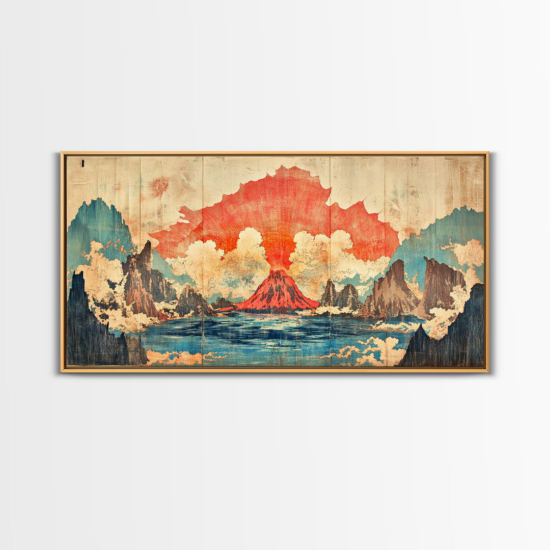 Erupting Red Volcano On Blue Mountain Lake Wall Art, Japanese Landscape Canvas Print, Dramatic Nature Living Room Decor Gift
