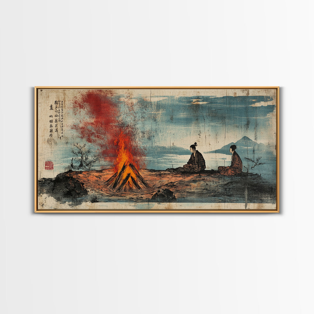 Samurai Figures By Campfire And Lake Wall Art, Japanese Landscape Canvas Print, Zen Rustic Home Decor, Travel Gift For Him