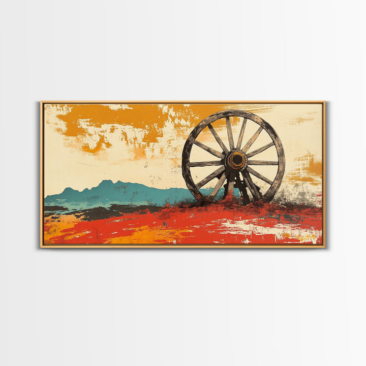 Rustic Wagon Wheel Desert Landscape Wall Art, Western Canvas Print, Southwestern Decor, Ranch House Living Room Art, Above Sofa Decor