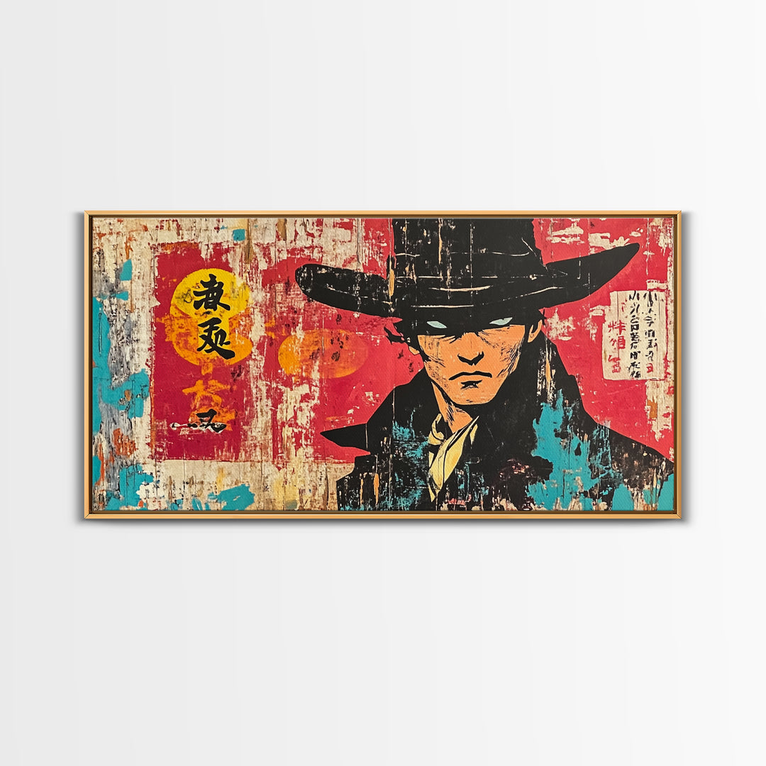Stoic Asian Cowboy Portrait Wall Art, Samurai Western Canvas Print, Bold Red Black Decor, Masculine Office Art, Gift For Him