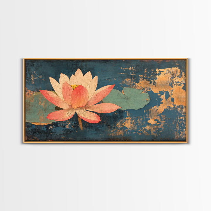Pink Lotus Flower On Teal Water Wall Art, Zen Canvas Print, Botanical Asian Decor, Meditation Room Spa Wall Decor, Calming Art