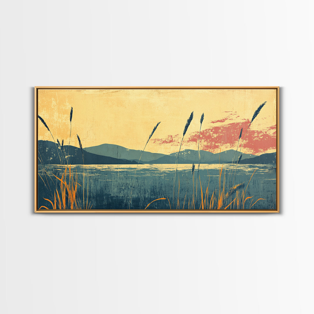 Reeds By Mountain Lake Sunset Wall Art, Serene Landscape Canvas Print, Nature Decor, Large Horizontal Living Room Art, Home Decor