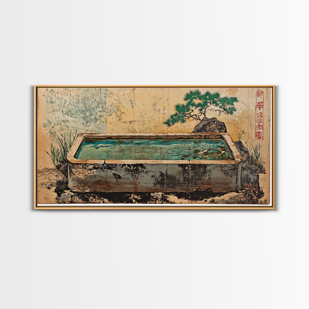 Japanese Stone Water Trough Garden Wall Art, Zen Framed Canvas Print, Bonsai Decor, Spa Meditation Room Wall Decor, Japandi Decor