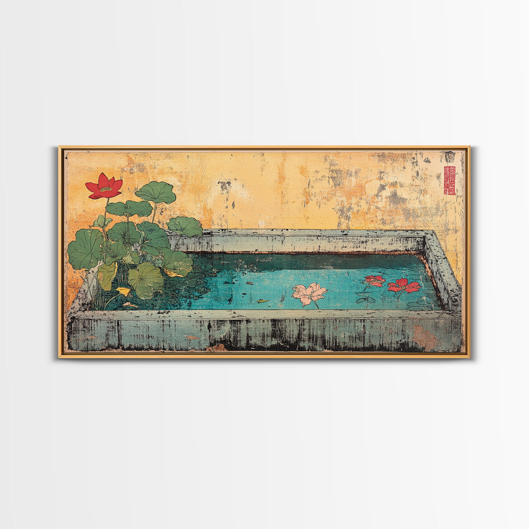 Lotus Koi Pond Garden Basin Wall Art, Japanese Canvas Print, Botanical Zen Decor, Spa Bathroom Living Room Wall Decor, Home Decor