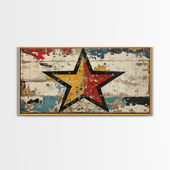 Distressed Red Yellow Star Wall Art, Rustic Americana Canvas Print, Farmhouse Wall Decor, Game Room Decor, Unique Gift For Him