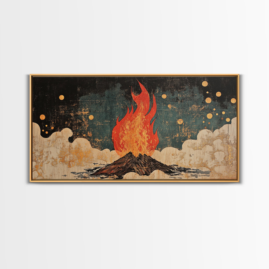 Blazing Campfire Under Moonlit Sky Wall Art, Dark Folk Art Print, Celestial Boho Decor, Rustic Cabin Lodge Home Decor Framed Canvas