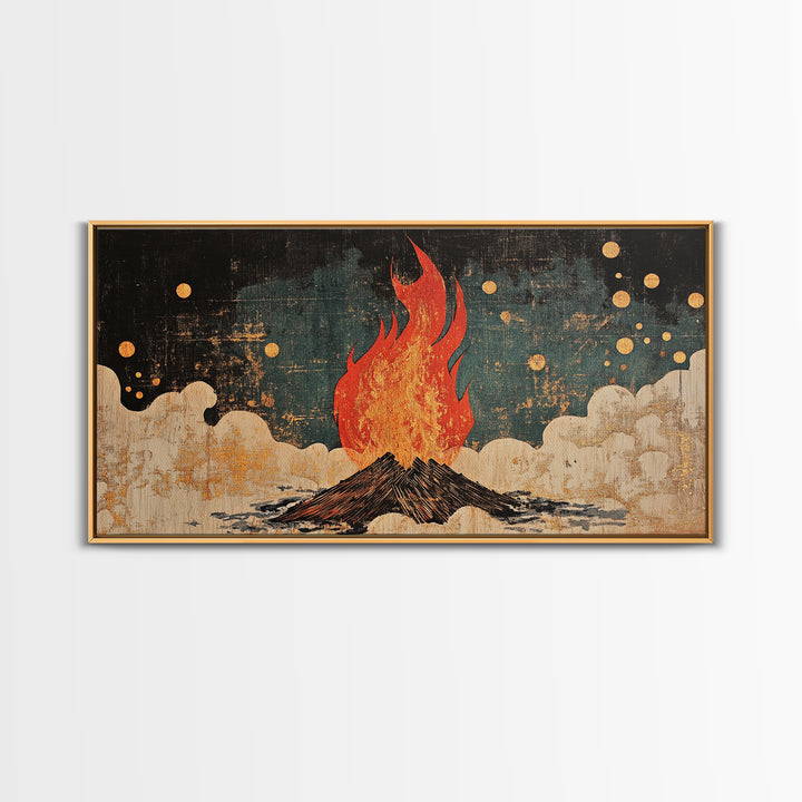 Blazing Campfire Under Moonlit Sky Wall Art, Dark Folk Art Print, Celestial Boho Decor, Rustic Cabin Lodge Home Decor Framed Canvas