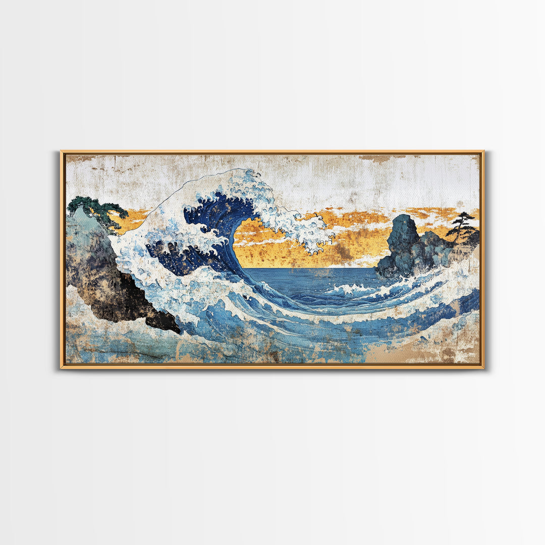Crashing Ocean Wave Between Rocks Wall Art, Japanese Seascape Print, Coastal Decor, Nautical Living Room Framed Canvas Print