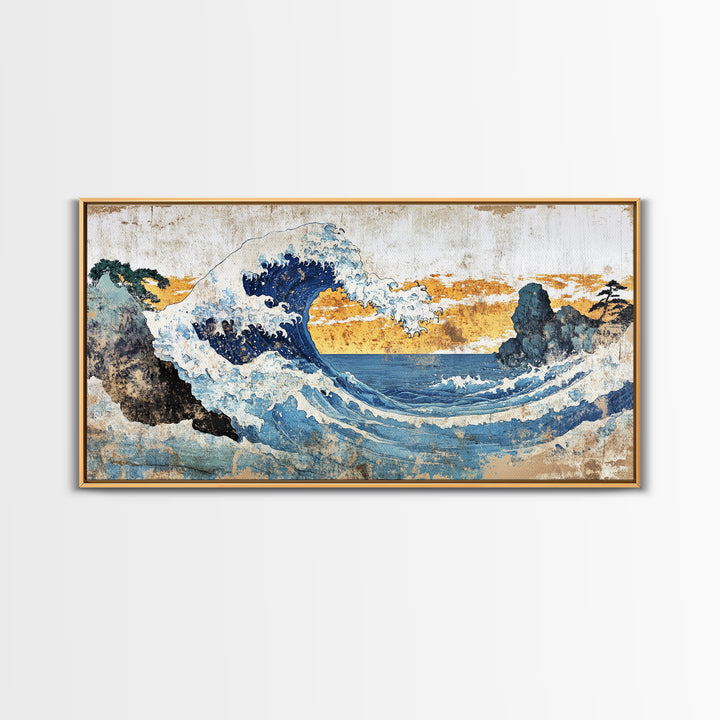 Crashing Ocean Wave Between Rocks Wall Art, Japanese Seascape Print, Coastal Decor, Nautical Living Room Framed Canvas Print