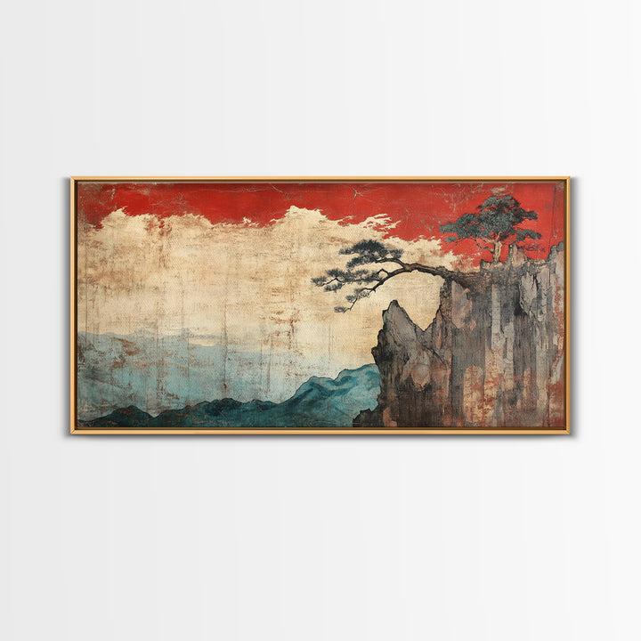 Red Sky Cliff And Pine Mountain Wall Art, Japanese Landscape Print, Moody Nature Decor, Large Japandi Living Room Framed Canvas