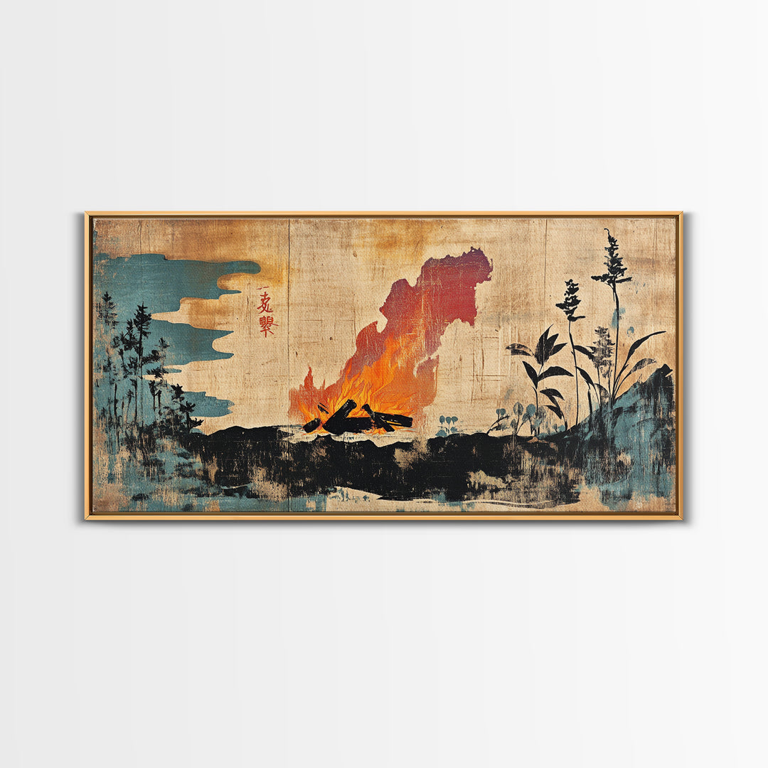 Erupting Volcano With Dark Forest Silhouette Wall Art, Japanese Landscape Canvas Print For Moody Office Decor And Home Decor