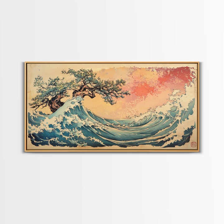 Great Wave With Wind Swept Pine Tree Wall Art, Japanese Ocean Canvas Print For Coastal Decor And Modern Living Room Wall Decor