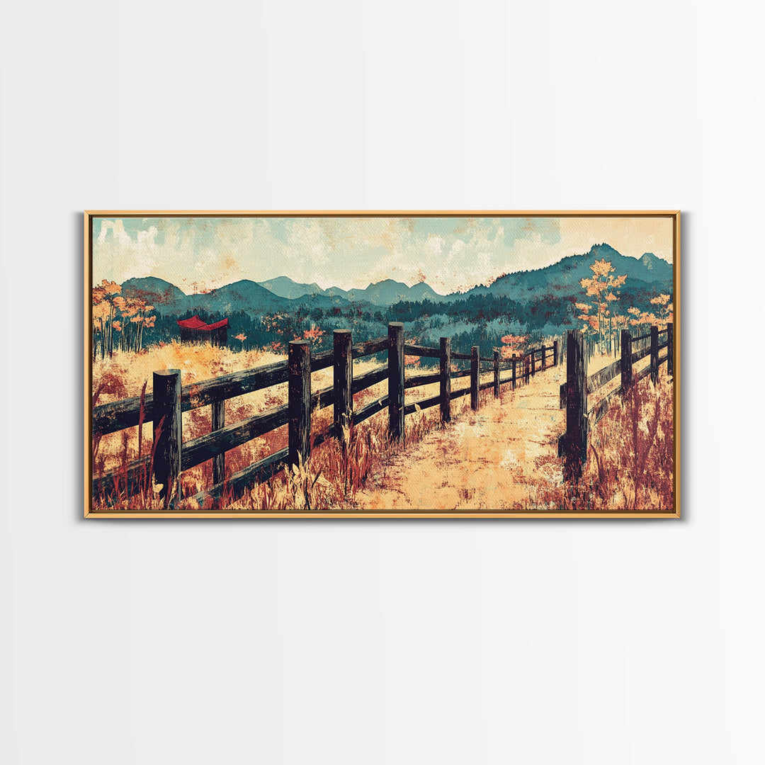 Mountain Fence Path Through Autumn Fields Wall Art, Rustic Landscape Canvas Print For Farmhouse Decor And Entryway Decor