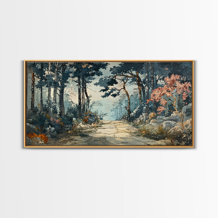Misty Forest Path With Pink Blossoms Wall Art, Moody Woodland Canvas Print For Nature Decor And Serene Living Room Decor